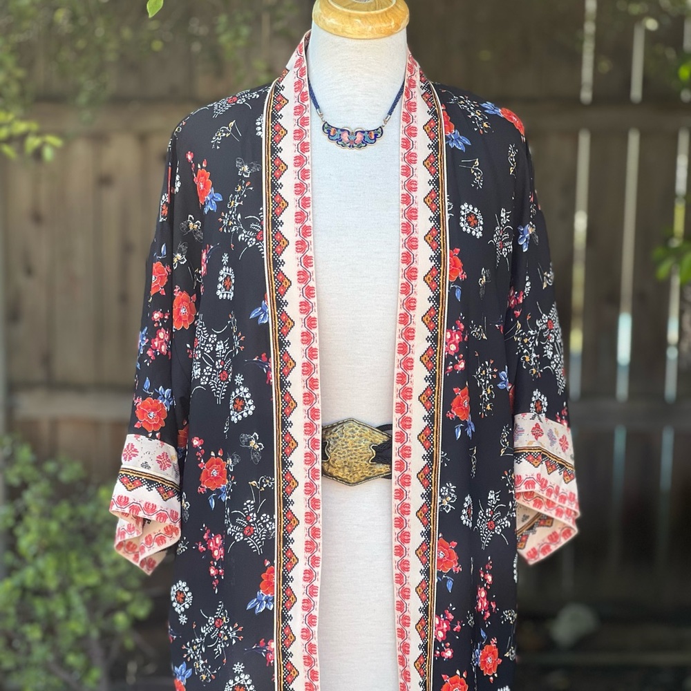 Max Studio black floral long kimono duster/jacket|XS - Picture 5 of 8